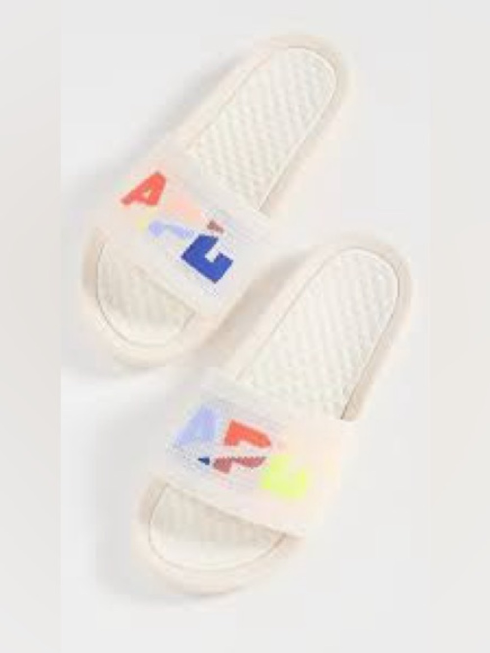 986. NIB SIZE M/9-W/10.5 APL Cream Slide Sandals with Multicolor Logo Accents